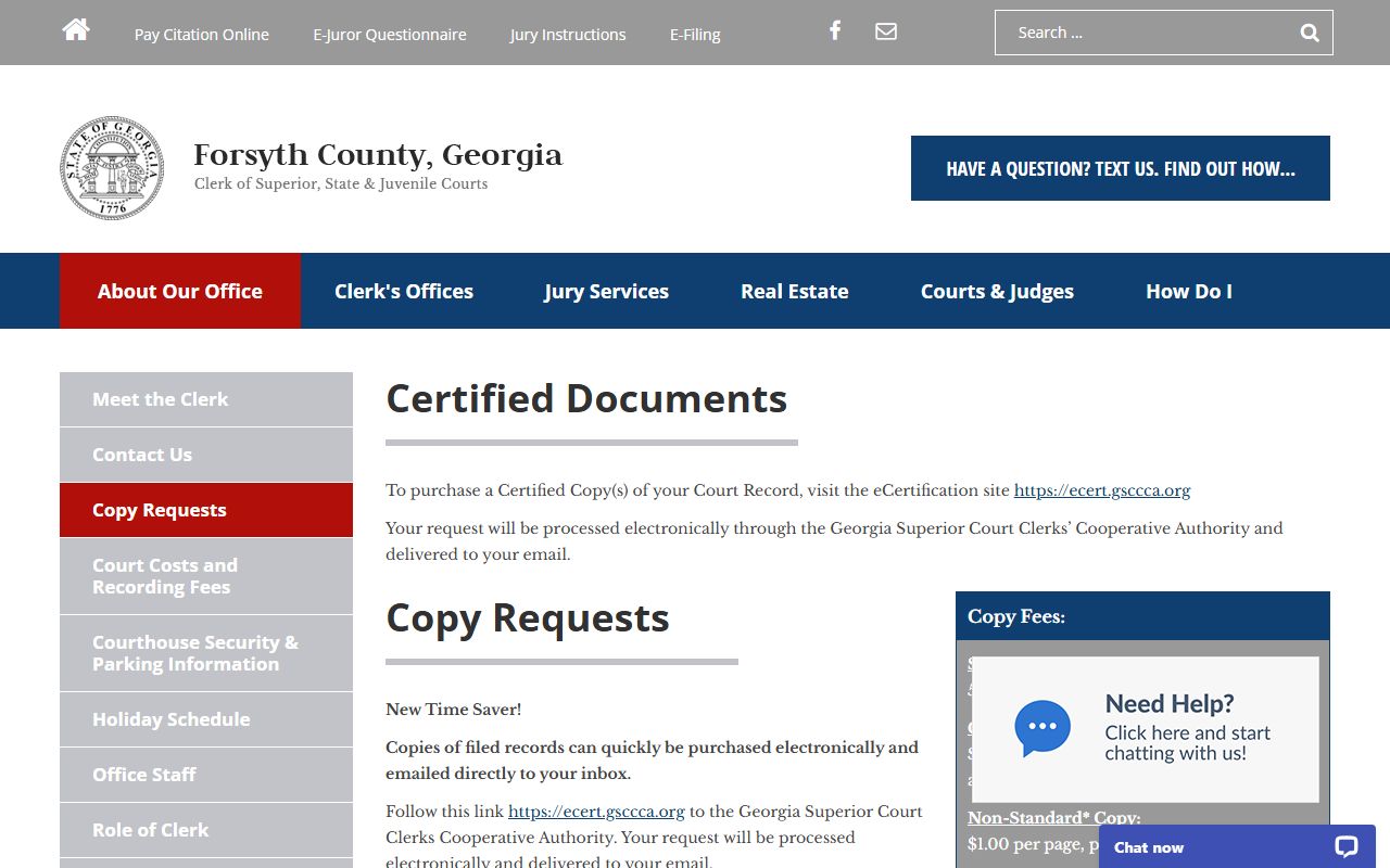 Forsyth County Clerk certified court record copy request page