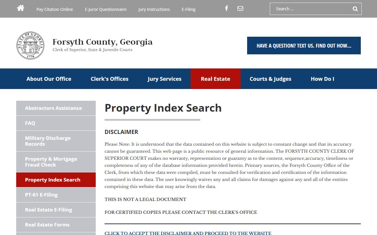 Forsyth County Clerk real estate and property record index disclaimer