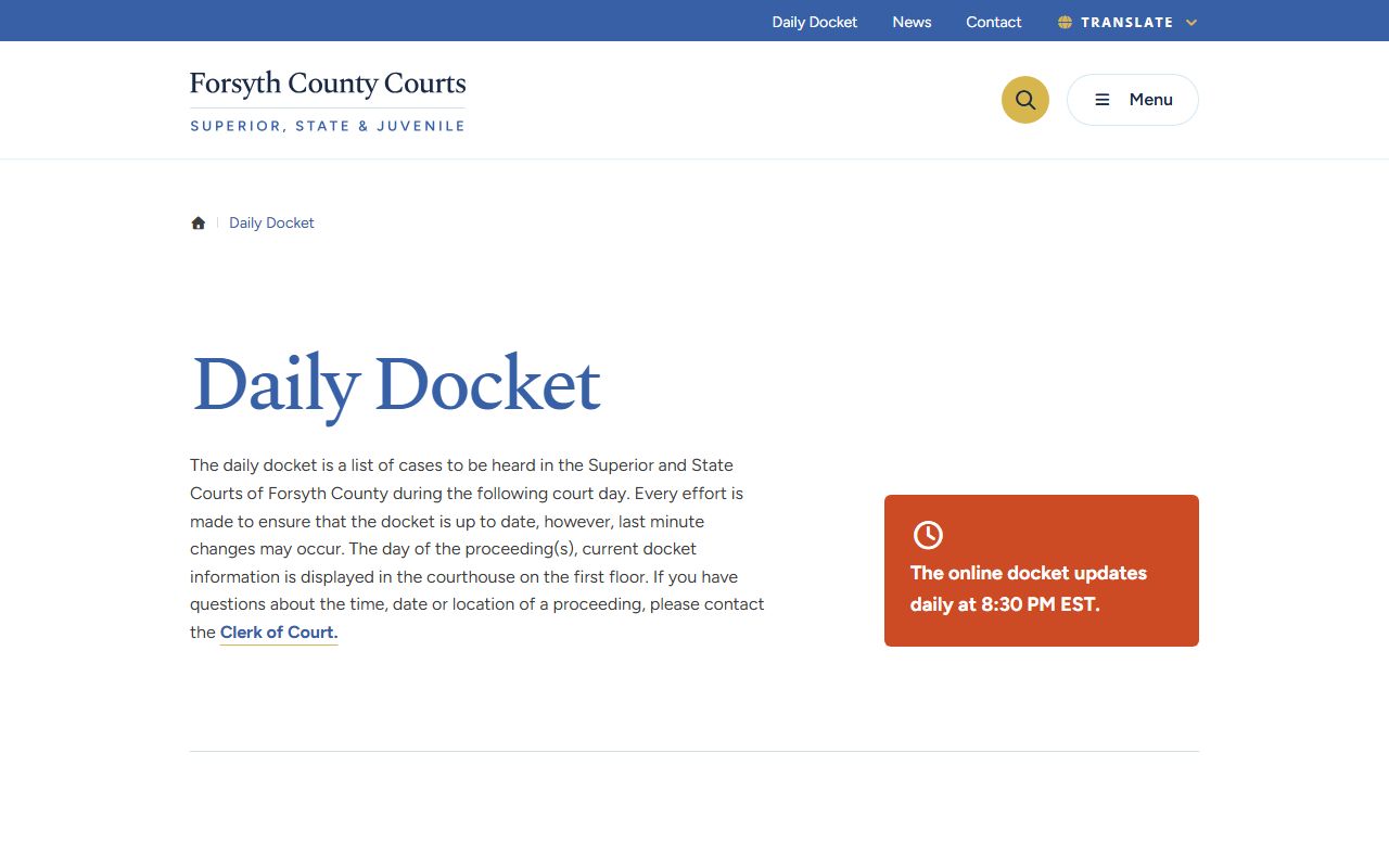 Forsyth County court dockets daily docket page